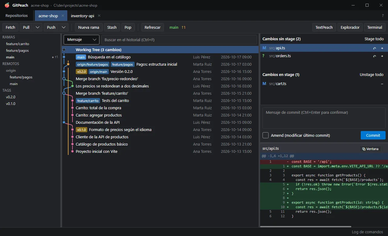 Un repositorio abierto en GitPeach: ramas, historial con grafo, cambios locales y el diff de un archivo